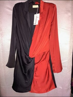 Black and Red Two-Tone Draped Long-Sleeve Dress